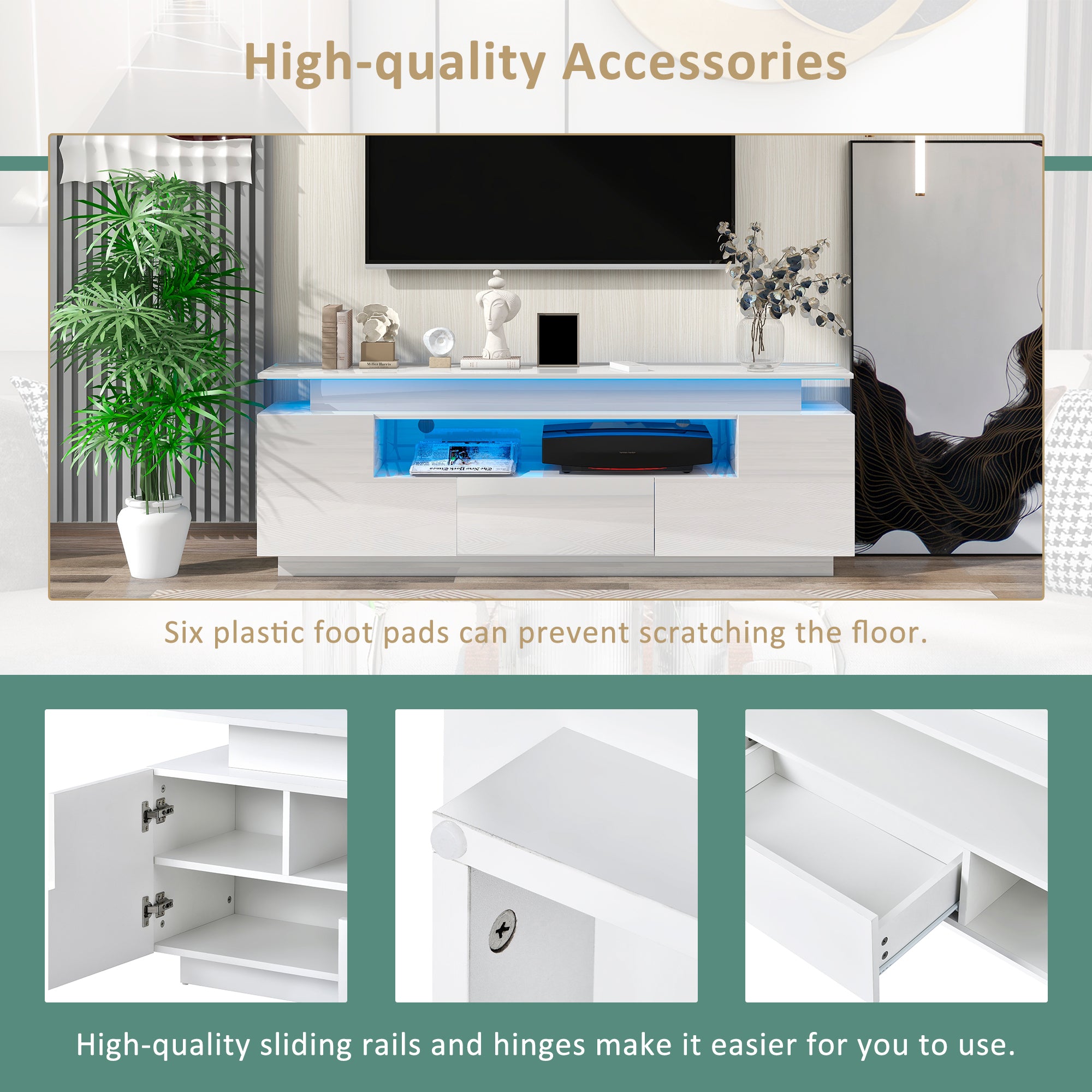 ON-TREND Modern, Stylish Functional TV stand with Color Changing LED Lights, Universal Entertainment Center, High Gloss TV Cabinet for 75+ inch TV, White - Atlantic Fine Furniture Inc