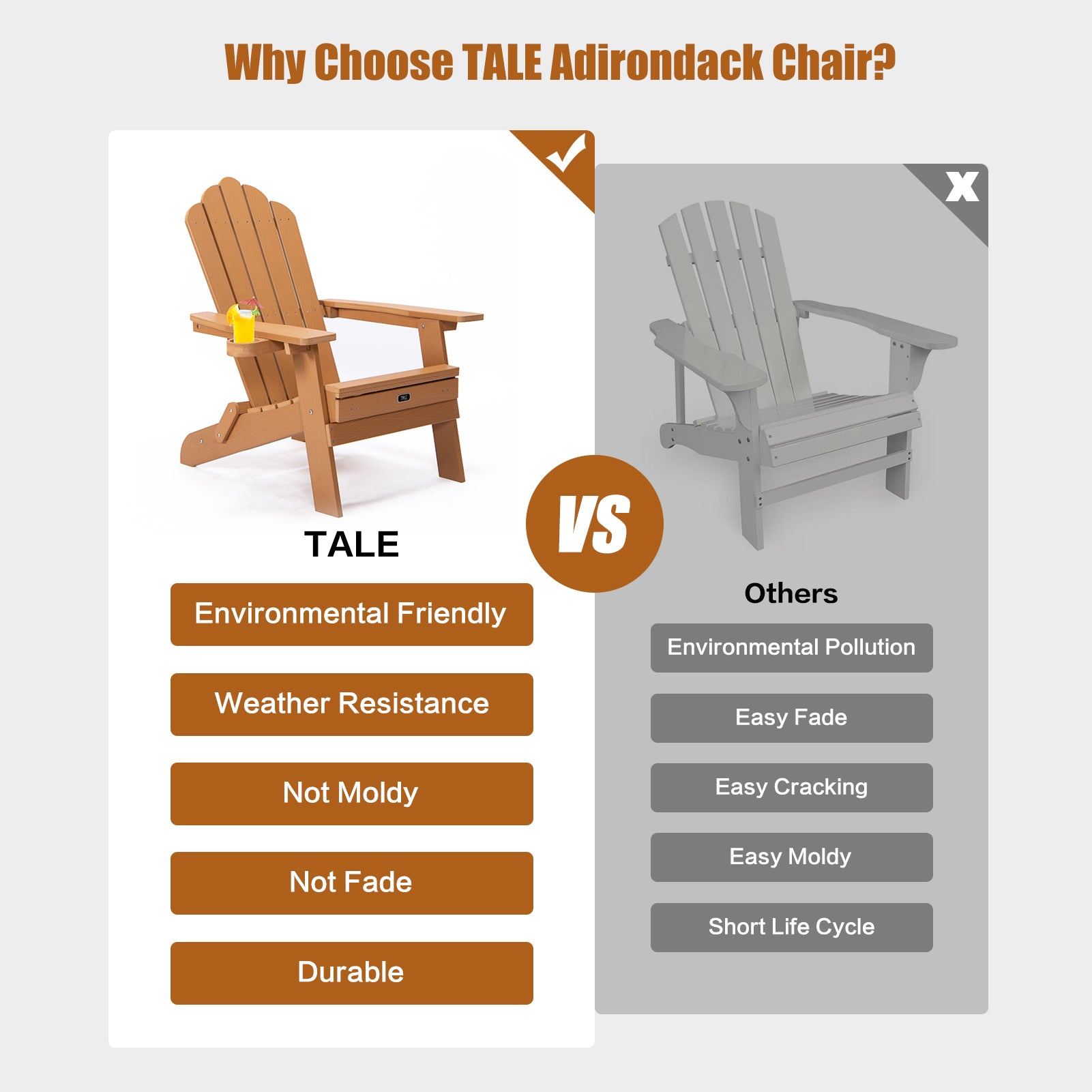 TALE Folding Adirondack Chair with Pullout Ottoman with Cup Holder, Oversized, Poly Lumber,  for Patio Deck Garden, Backyard Furniture, Easy to Install,BROWN. Banned from selling on Amazon - Atlantic Fine Furniture Inc
