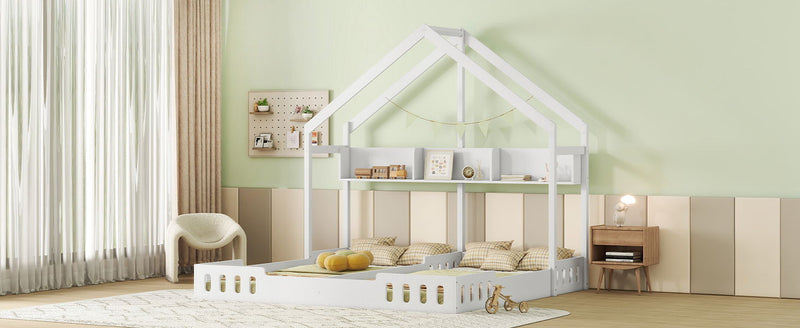 Wood Twin Size House Platform Beds, Two Shared Beds With Shelves And Guardrail, Creamy White
