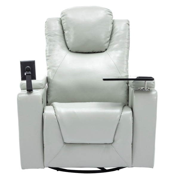 270 Degree Swivel PU Leather Power Recliner Individual Seat Home Theater Recliner With Surround Sound, Cup Holder, Removable Tray Table, Hidden Arm Storage For Living Room, Grey