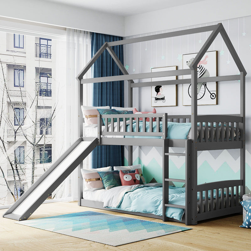 Twin Over Twin Bunk Bed With Slide, House Bed With Slide, Gray