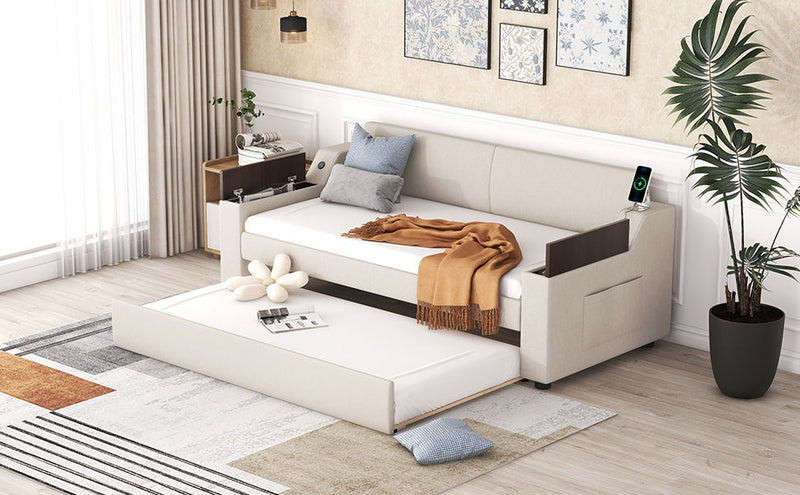 Twin Size Upholstery Daybed With Storage Arms, Trundle And Usb Design, Beige