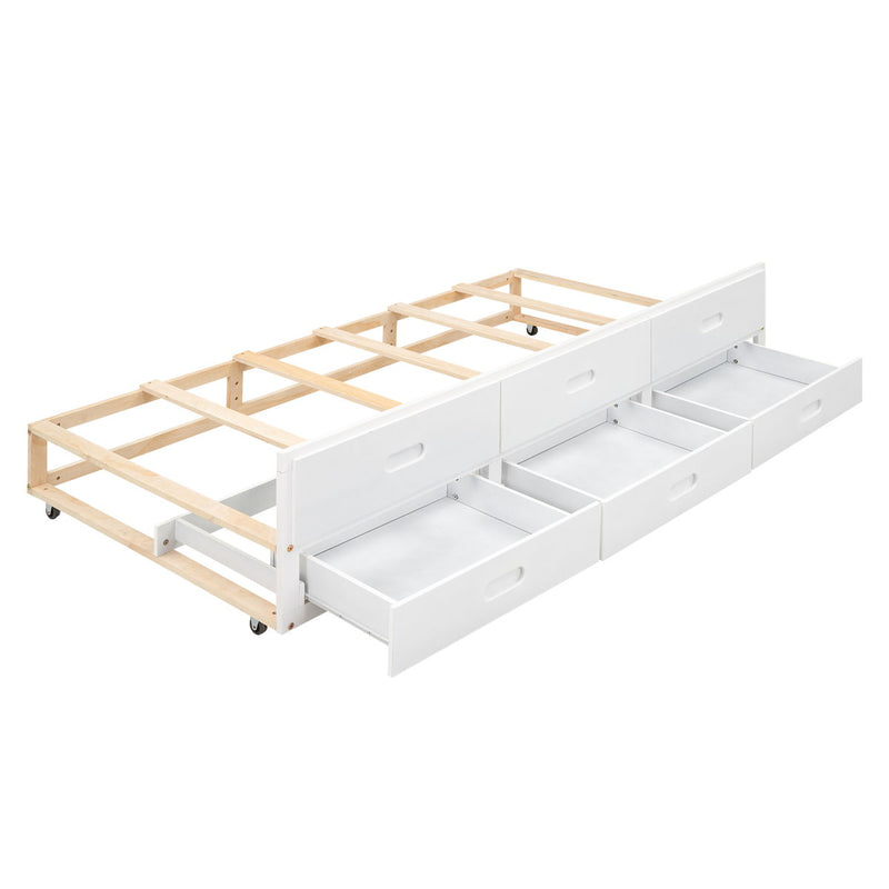 Full Size Platform Bed With Storage Headboard, USB, Twin Size Trundle And 3 Drawers, White