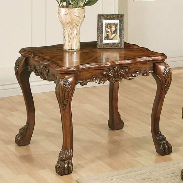 The Dresden traditional end table, reflects highly decorative details, oversized claw feet, decorative carving inlay veneers on apron, all carefully made with selected materials. This table will be the showpiece of any room environment.