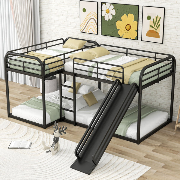 Full And Twin Size L-Shaped Bunk Bed With Slide And Short Ladder, Black
