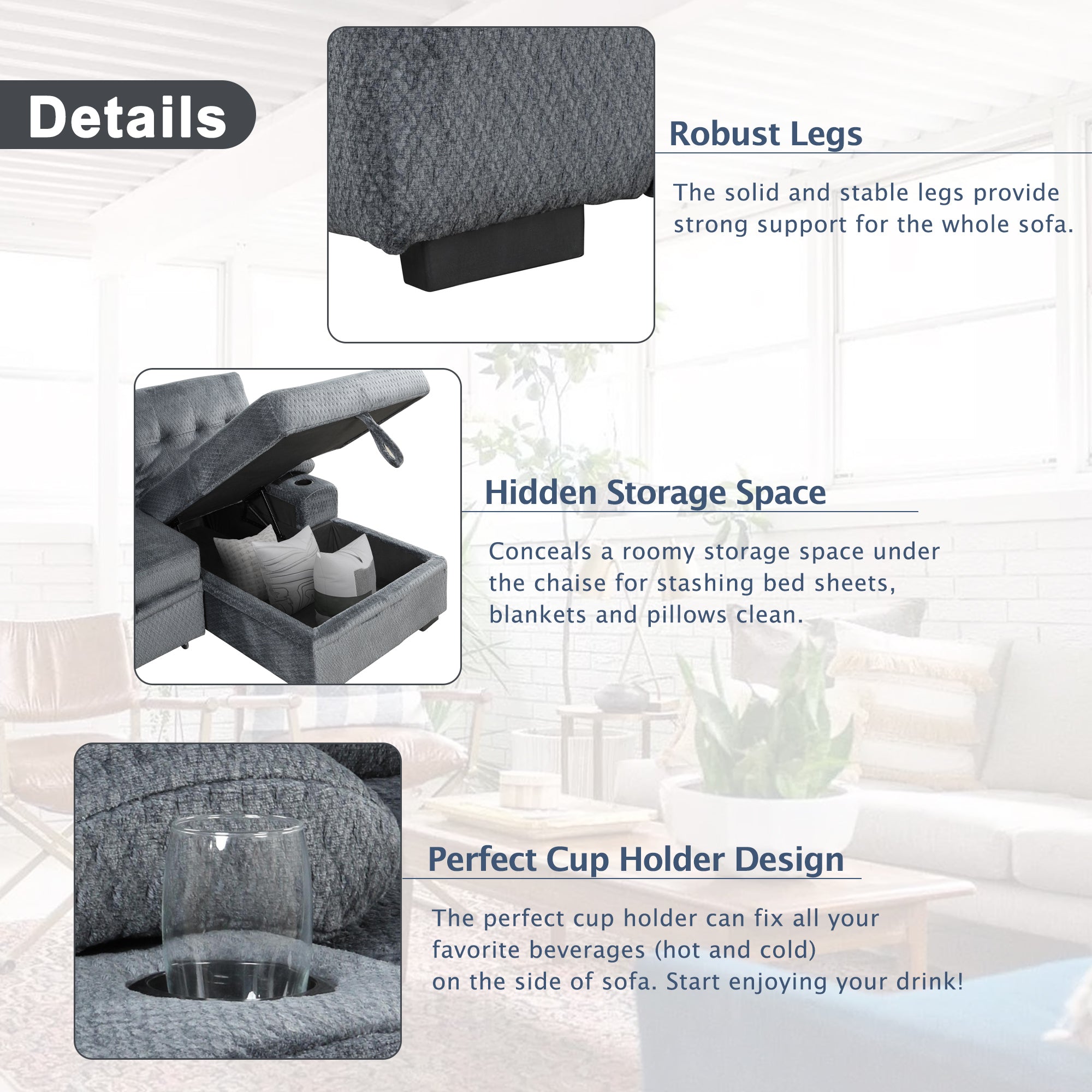 Orisfur. Modern Padded Upholstered  Sofa Bed Sleeper Sectional Sofa with Storage Chaise and Cup Holder for Living Room Furniture Set - Atlantic Fine Furniture Inc