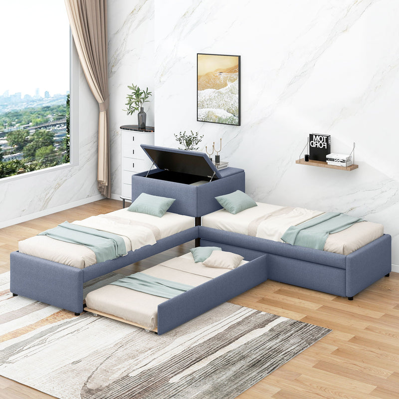 L-Shaped Upholstered Platform Bed With Trundle And Two Drawers Linked With Built-In Desk, Twin, Gray