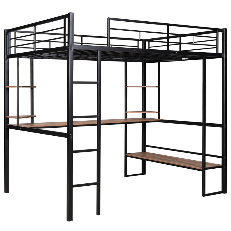 Full Size Loft Metal&Mdf Bed With Long Desk And Shelves, Black