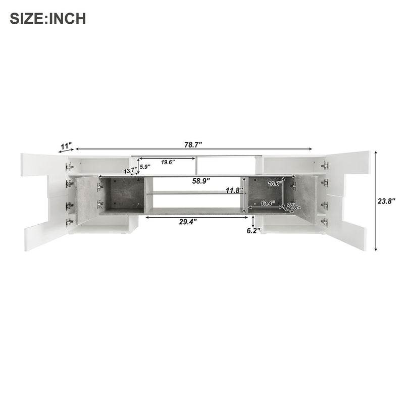 On-Trend Unique Shape TV Stand With 2 Illuminated Glass Shelves, High Gloss Entertainment Center For Tvs Up To 80", Versatile TV Cabinet With Led Color Changing Lights For Living Room, Gray