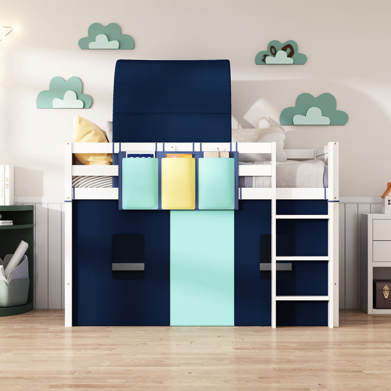 Twin Size Loft Bed With Tent And Tower And Three Pockets - Blue