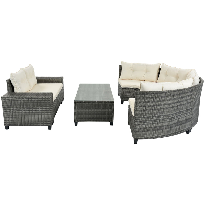 Go 8 Pieces Outdoor Wicker Round Sofa Set, Half Moon Sectional Sets All Weather, Curved Sofa Set With Rectangular Coffee Table, Pe Rattan Water Resistant And Uv Protected, Movable Cushion, Beige