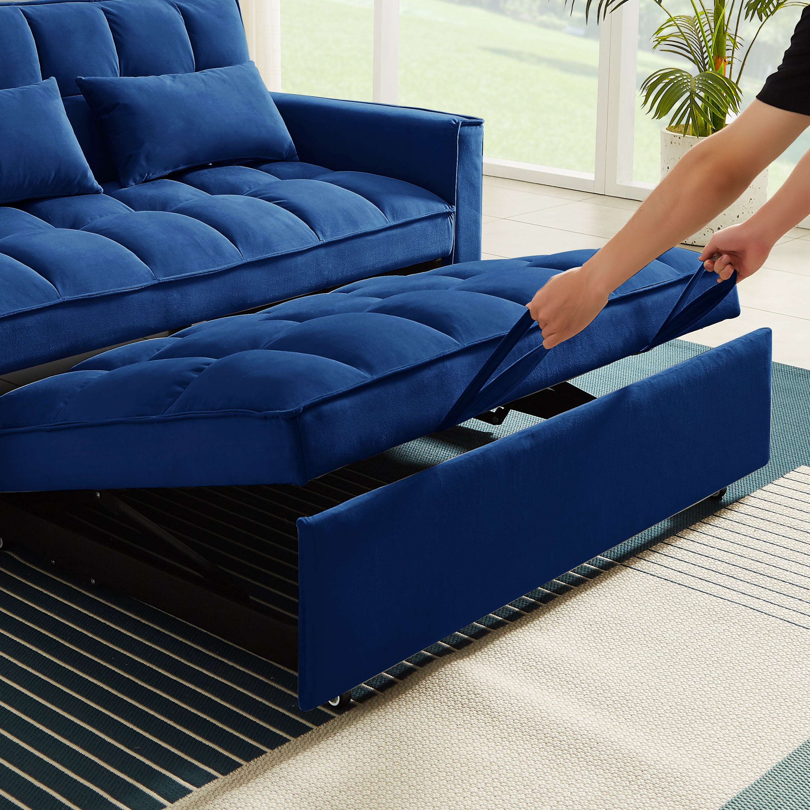 Modern Velvet Convertible Loveseat Sleeper Sofa Couch with Adjustable Backrest, 2 Seater Sofa With Pull-Out Bed with 2 Lumbar Pillows For Small Living Room & Apartment - Atlantic Fine Furniture Inc