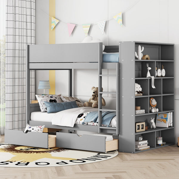 Twin Over Twin Bunk Bed With 2 Drawers And Multi-Layer Cabinet, Gray