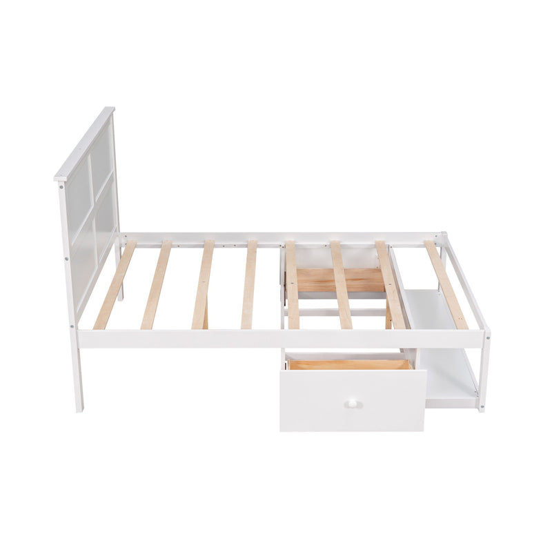 Full Size Platform Bed With Drawer On The Each Side And Shelf On The End Of The Bed, White