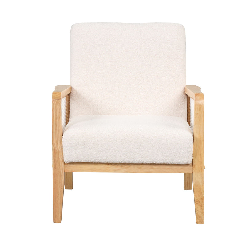 Mid-Century Armchair Rattan Mesh Upholstered Accent Chair, Teddy Short Plush Particle Velvet Armchair For Living Room, Bedroom, Office, Studio, White