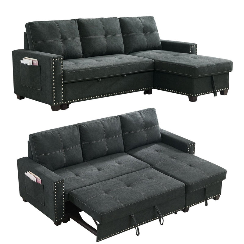 85 inch Sectional Sofa with Pull Out Bed, Solid Wood & Fabric Upholstered 2 Seats Sofa and Reversible Chaise Lounge with Storage, Modern Design L-Shaped Sleeper Sofa for Living Room, Black - Atlantic Fine Furniture Inc