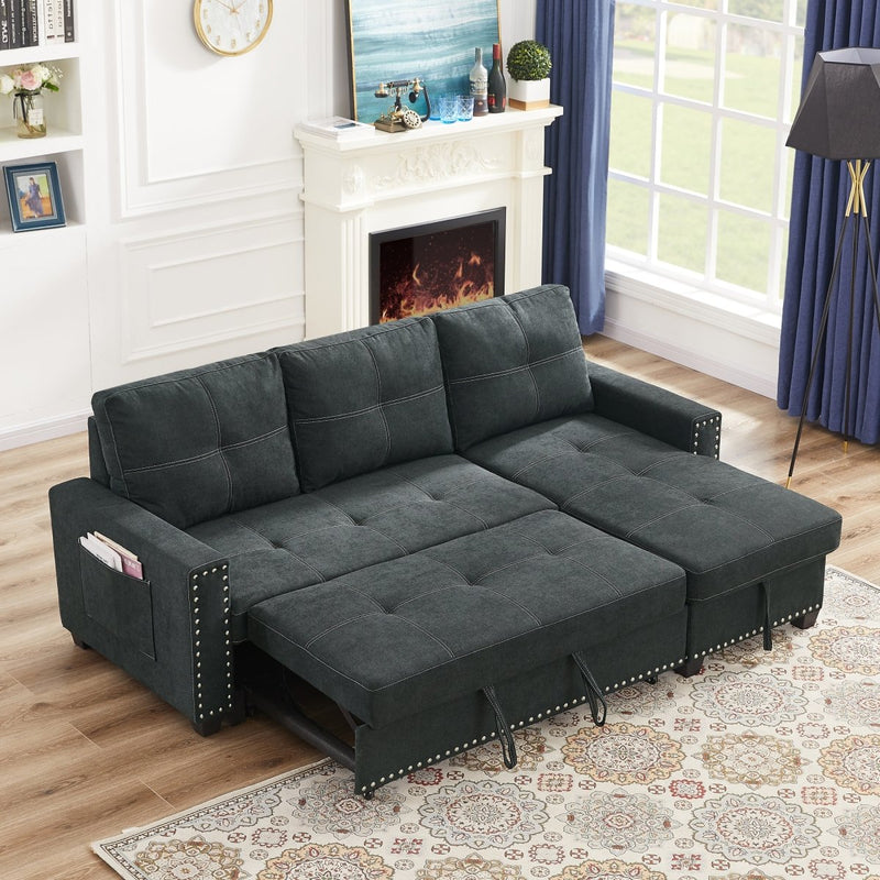 85 inch Sectional Sofa with Pull Out Bed, Solid Wood & Fabric Upholstered 2 Seats Sofa and Reversible Chaise Lounge with Storage, Modern Design L-Shaped Sleeper Sofa for Living Room, Black - Atlantic Fine Furniture Inc
