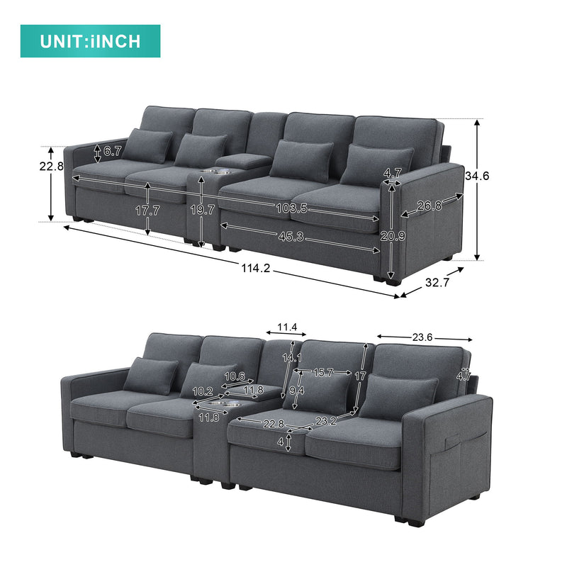 114.2" Upholstered Sofa With Console, 2 Cupholders And 2 Usb Ports Wired Or Wirelessly Charged, Modern Linen Fabric Couches With 4 Pillows For Living Room, Apartment (4-Seat)