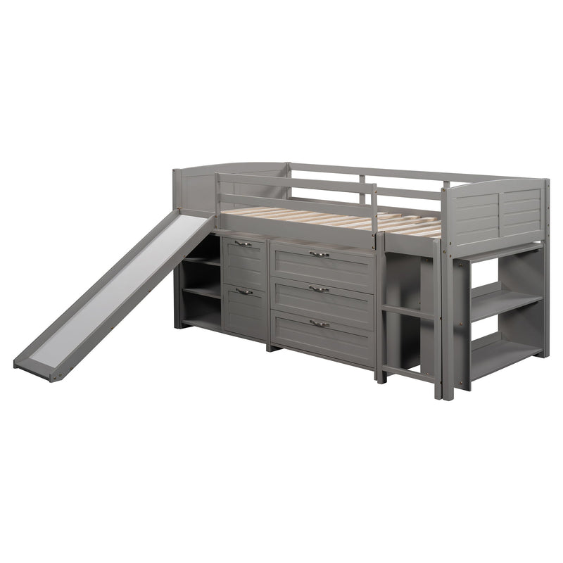 Low Twin Size Loft Bed With Cabinets, Shelves And Slide Gray
