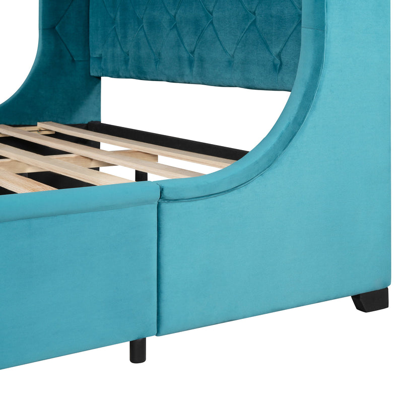 Queen Size Storage Bed Velvet Upholstered Platform Bed With Wingback Headboard And A Big Drawer (Blue)