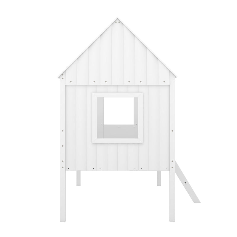 Twin Size Low Loft Wood House Bed With Two Side Windows (White)