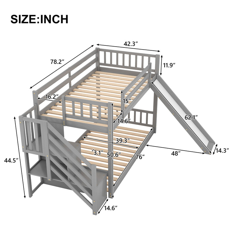 Twin Over Twin Bunk Bed With Convertible Slide And Stairway, Gray