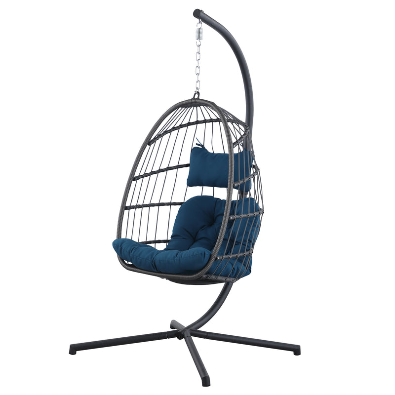 Indoor outdoor patio Wicker Hanging Chair Swing Chair Patio Egg Chair UV Resistant Blue cushion Aluminum frame