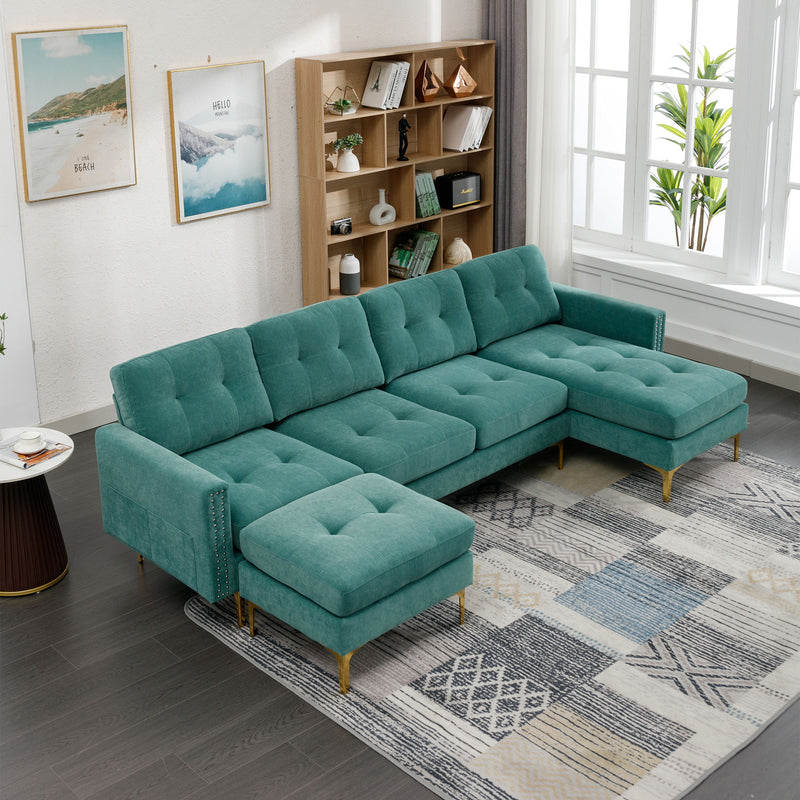 Shape Convertible Sectional Sofa Couch With Movable Ottoman For Living Room, Apartment, Office, Green