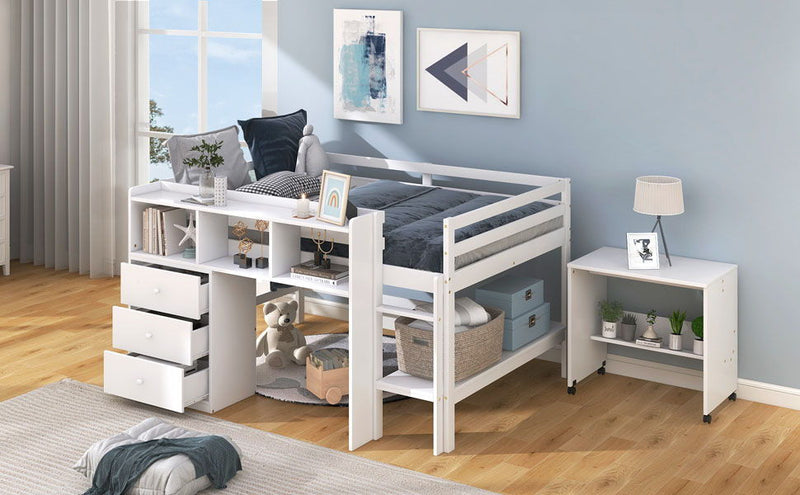 Full Size Low Loft Bed With Rolling Portable Desk, Drawers And Shelves - White