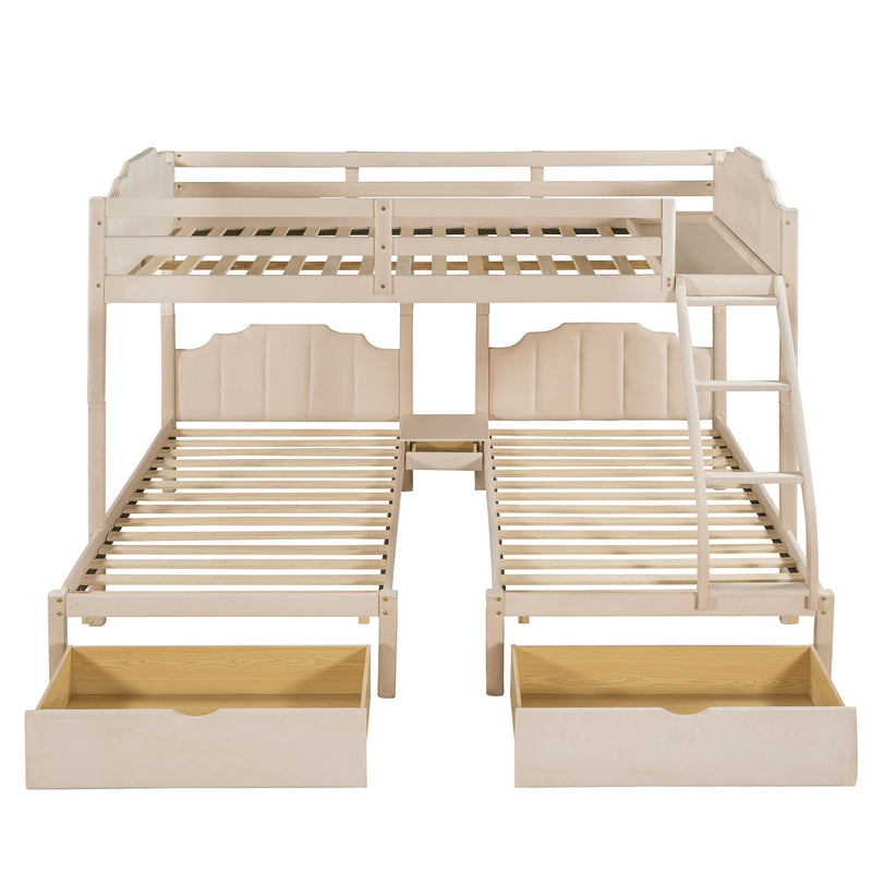 Full Over Twin & Twin Bunk Bed, Velvet Triple Bunk Bed With Drawers And Guardrails, Beige
