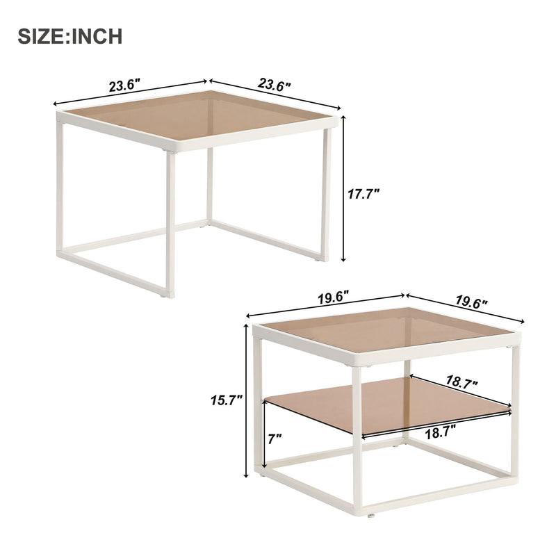 On-Trend Modern Nested Coffee Table Set With High-Low Combination Design, Brown Tempered Glass Cocktail Table With Metal Frame, Length Adjustable 2-Tier Center & End Table For Living Room, White