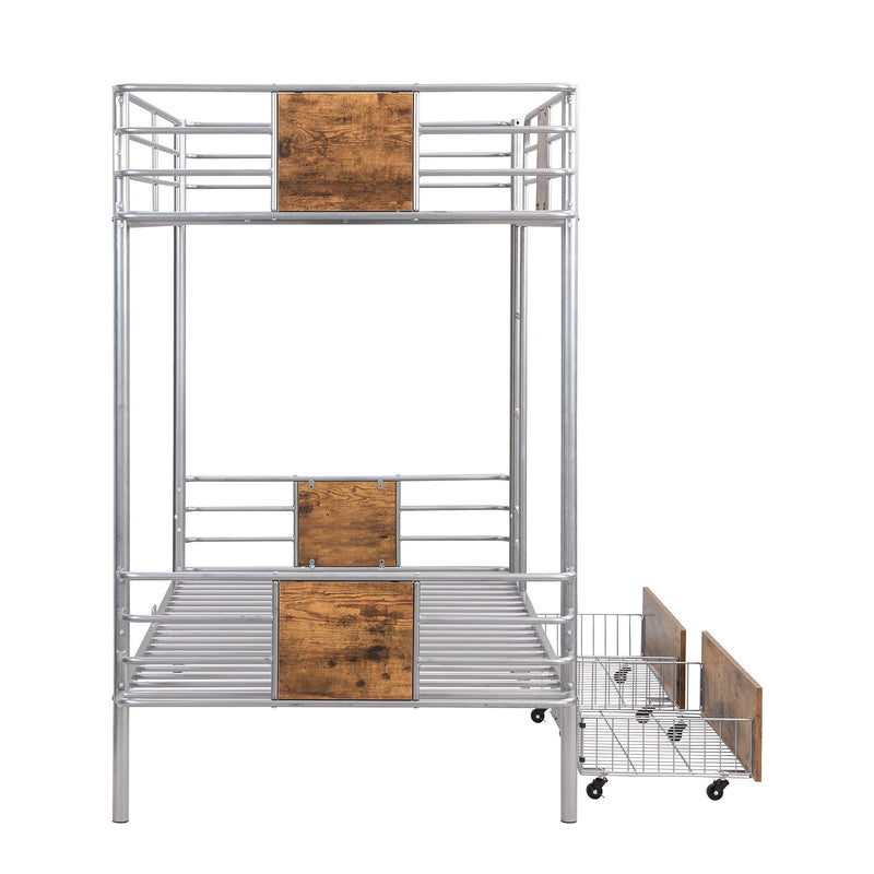 Twin XL Over Twin XL Metal Bunk Bed With MDF Board Guardrail And Two Storage Drawers, Silver