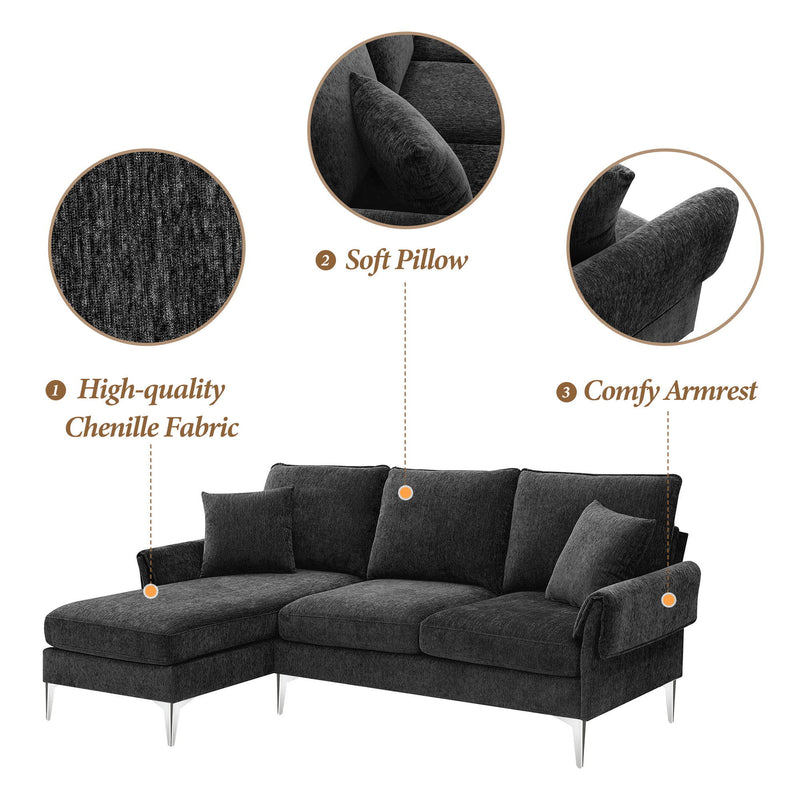 84" Convertible Sectional Sofa, Modern Chenille L-Shaped Sofa Couch With Reversible Chaise Lounge, Fit For Living Room, Apartment (2 Pillows) - Black
