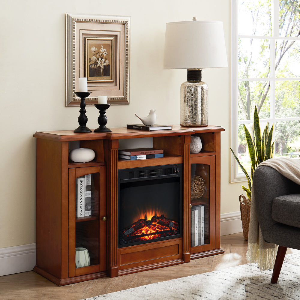 Modern Electric Fireplace TV Stand, Fit up to 55" Flat Screen TV with Two Tempered Glass Storage Cabinet and Adjustable Shelves Wood Veneer TV Console for Living Room, Cherry - Atlantic Fine Furniture Inc