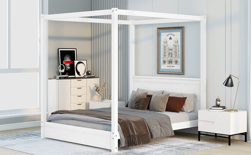 Queen Size Canopy Platform Bed With Headboard And Support Legs, White
