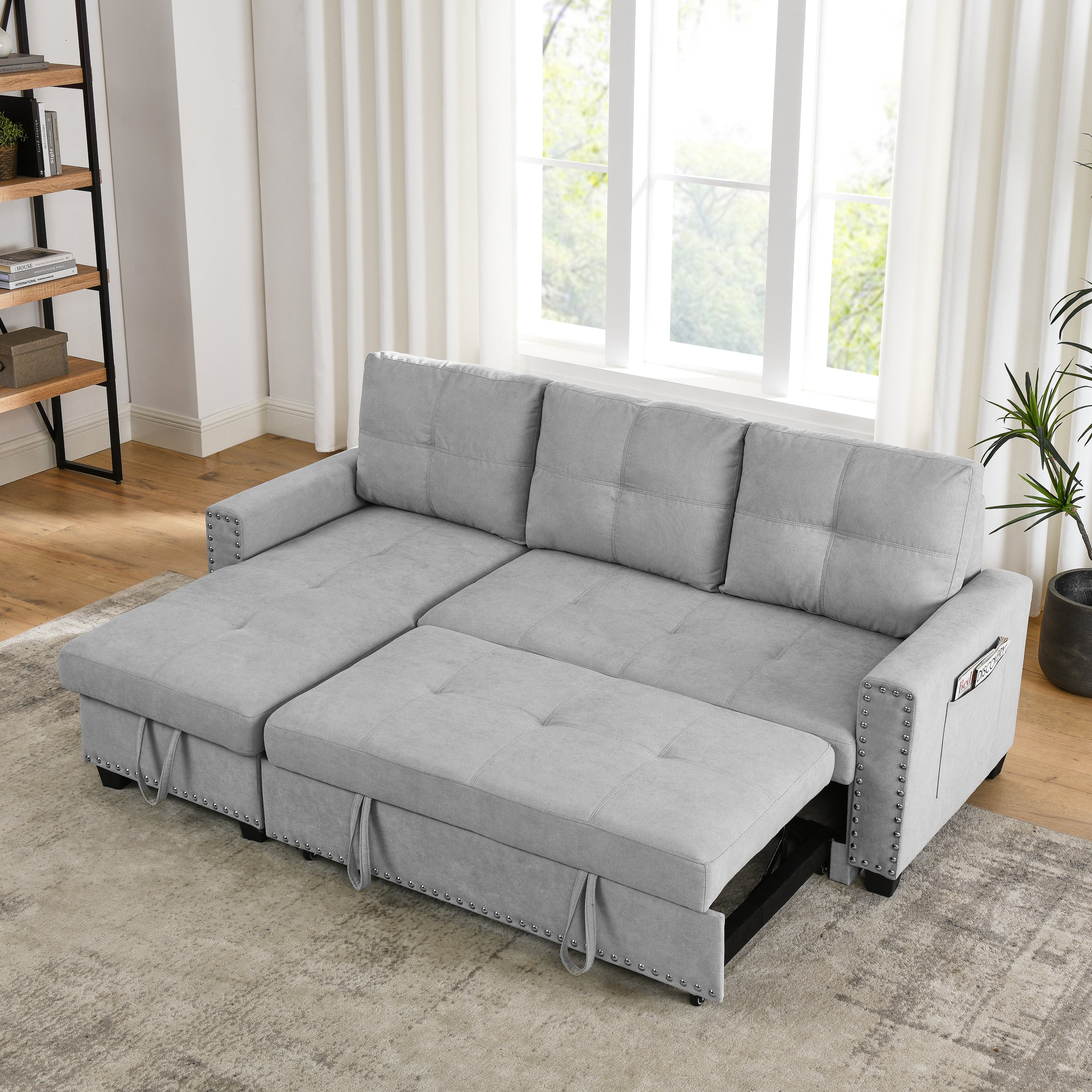 [Video] MH 82" Sleeper Sofa Bed Reversible Sectional Couch with Storage Chaise and Side storage bag for Living Room Furniture Set, silver rivets on both hands - Atlantic Fine Furniture Inc