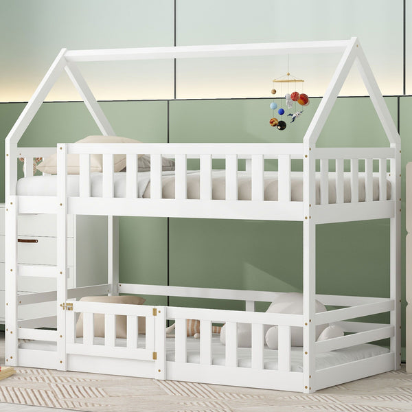 Twin Over Twin House Bunk Bed With Fence And Door, White