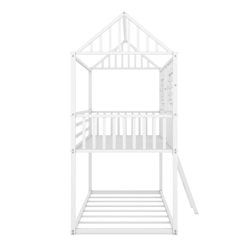 Twin Over Twin Size Metal Low Bunk Beds With Roof And Fence-Shaped Guardrail, White