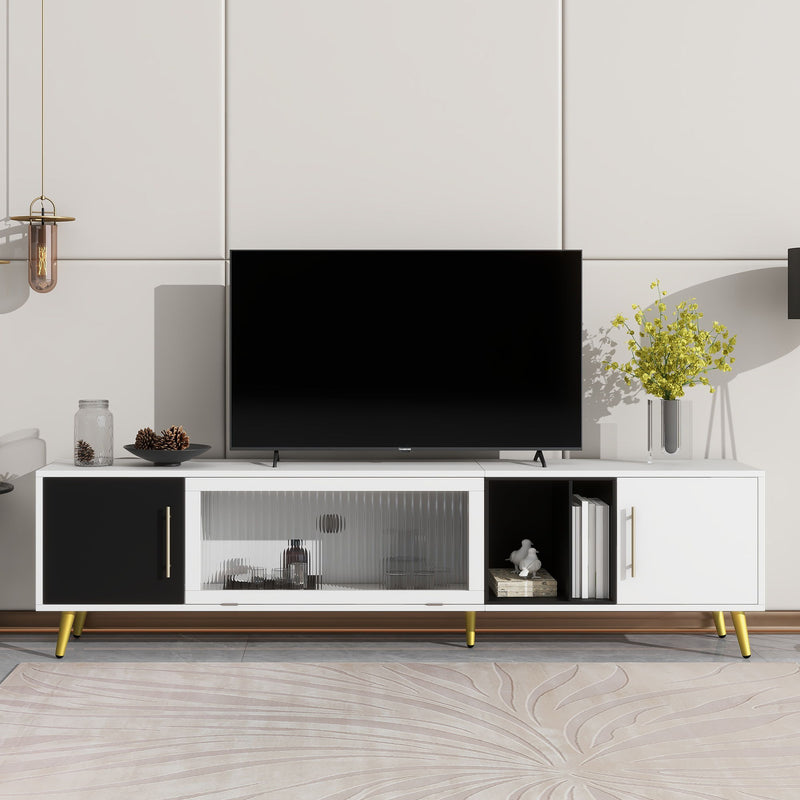 On-Trend Stylish TV Stand With Golden Metal Handles & Legs, Two-Tone Media Console For Tvs Up To 80", Fluted Glass Door TV Cabinet With Removable Compartment For Living Room, White