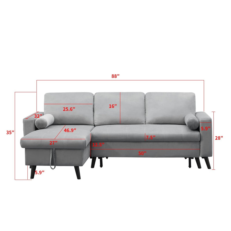 88" Reversible Pull out Sleeper Sectional Storage Sofa Bed,Corner sofa-bed with Storage Chaise Left/Right Handed Chaise - Atlantic Fine Furniture Inc