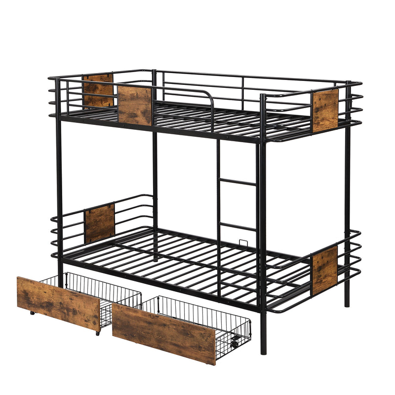 Twin XL Over Twin XL Metal Bunk Bed With MDF Board Guardrail And Two Storage Drawers, Black