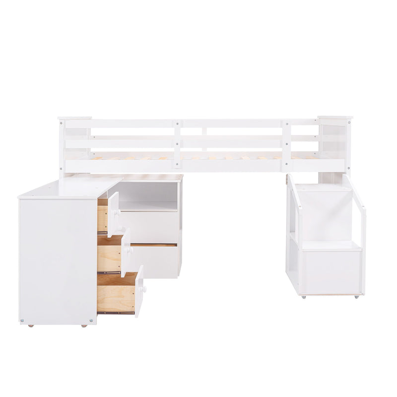 Loft Bed Low Study Twin Size Loft Bed With Storage Steps And Portable, Desk, White