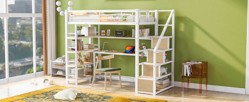 Twin Size Metal Loft Bed With Staircase, Built - In Storage Shelves, White