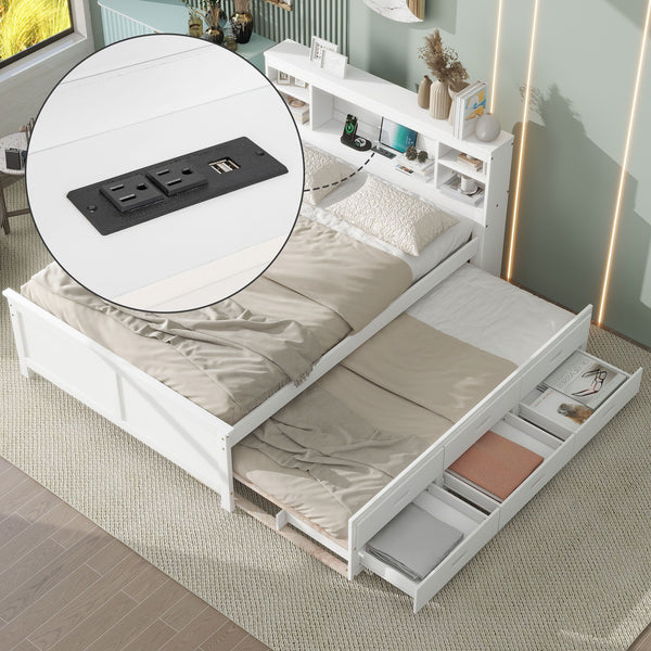 Full Size Platform Bed With Storage Headboard, USB, Twin Size Trundle And 3 Drawers, White