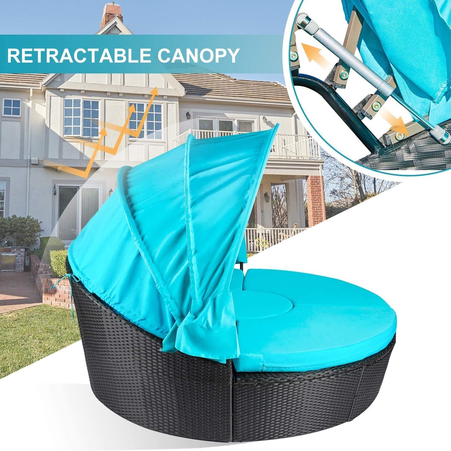 Patio Furniture Outdoor Daybed with Retractable Canopy and Soft Cushions, PE Wicker Rattan Round Sectional Sofa Set for Lawn Garden Backyard Poolside, Turquoise - Atlantic Fine Furniture Inc