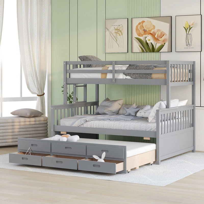 Twin-Over-Full Bunk Bed With Twin Size Trundle, Separable Bunk Bed With Drawers For Bedroom - Gray