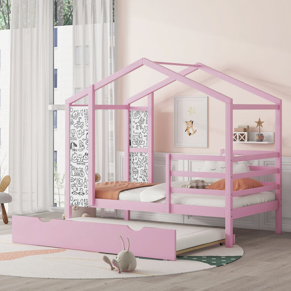 Twin Size Wood House Bed With Fence And Writing Board, Pink