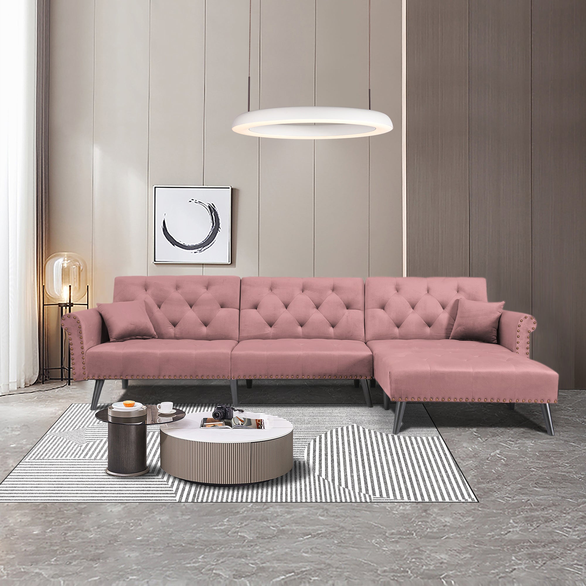 Convertible Sofa bed sleeper Pink velvet (same as W223S01595。Size difference, See Details in page.) - Atlantic Fine Furniture Inc
