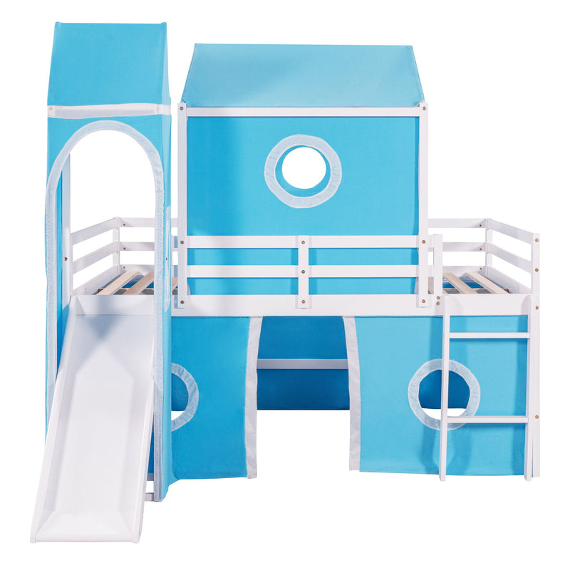 Full Size Bunk Bed With Slide Tent And Tower - Blue