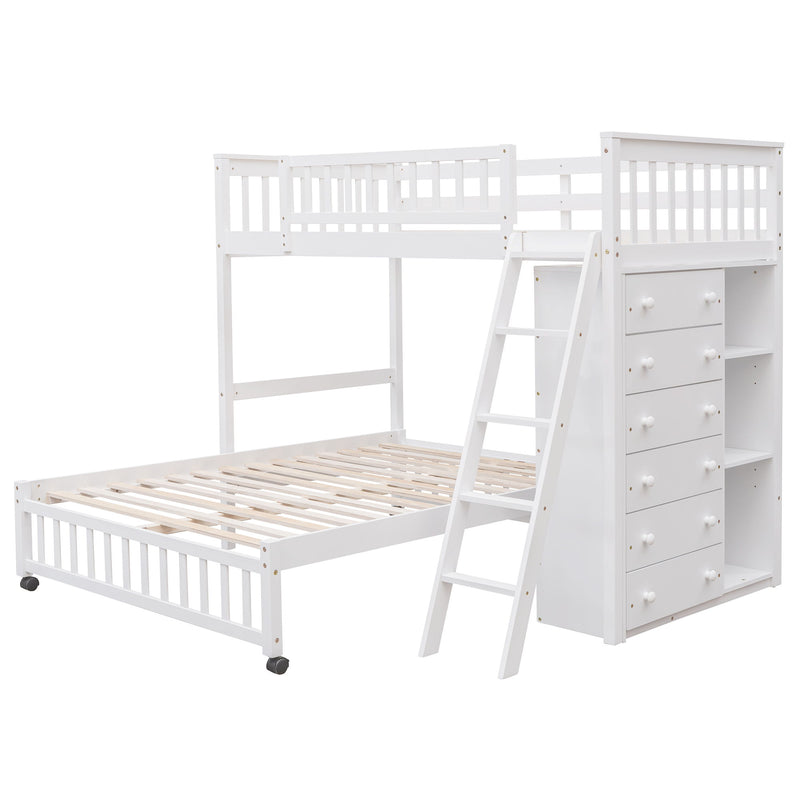 Wooden Twin Over Full Bunk Bed With Six Drawers And Flexible Shelves, Bottom Bed With Wheels, White